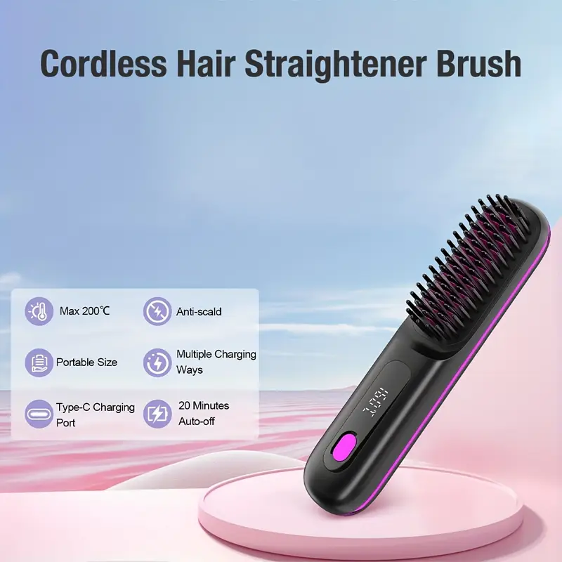 Cordless Hair Straightener Brush, Rapid heating, Hot Comb Hair Straightener for Women, Lightweight, Type-C Charging Port, Anti-Scald, Lightweight, USB Rechargeable