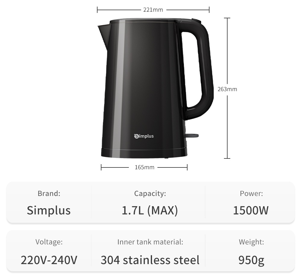 Simplus 1.7L Electric Kettle | 1500W Fast Heating | 304 Stainless Steel Inner | Double-layer Anti-Dry Burn Protection