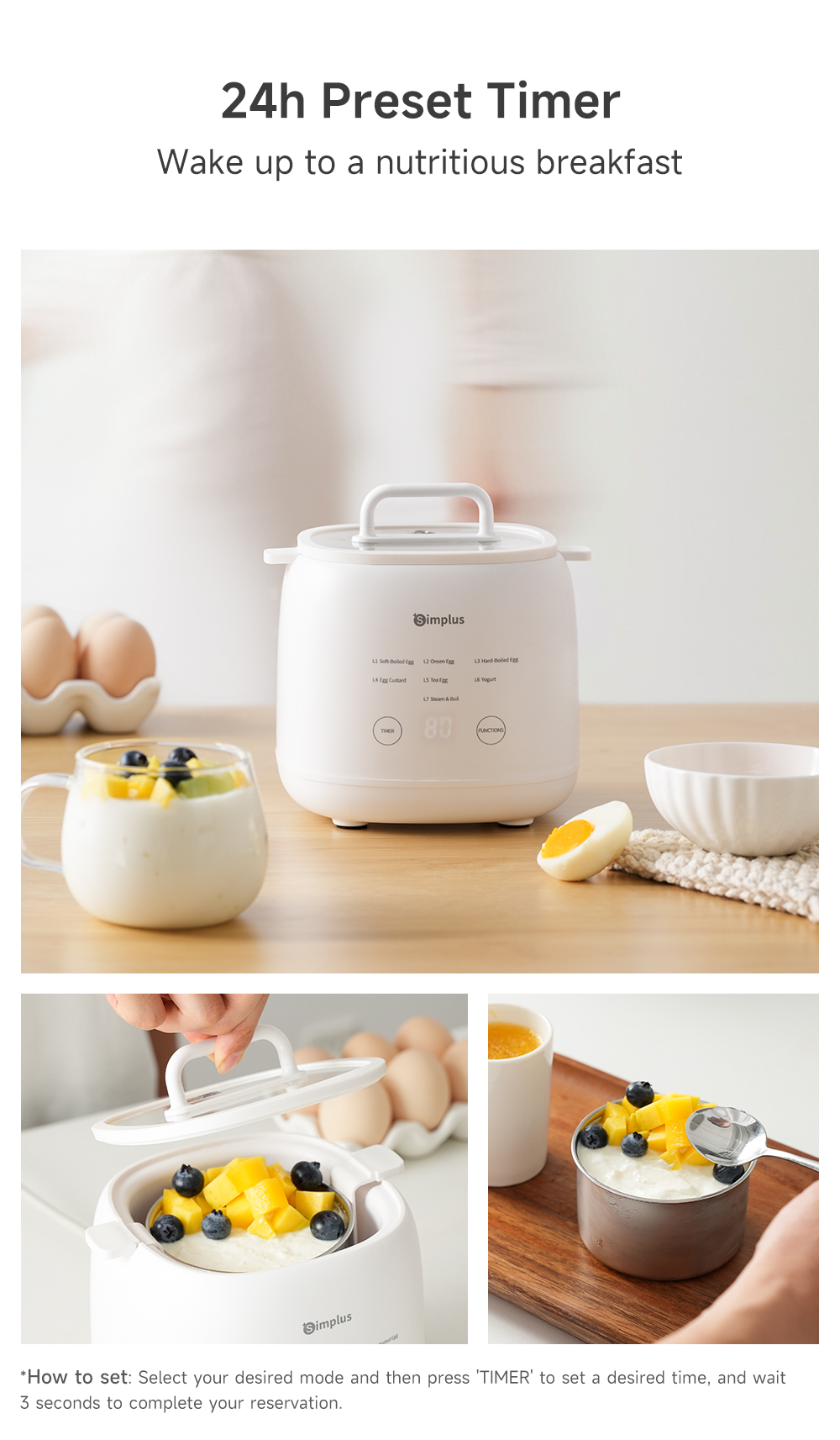 Simplus Multifunctional Egg Cooker |7 Modes | 24h Reservation | SUS304 Steaming Bowl | Steaming Egg Custard Yogu DZEG006