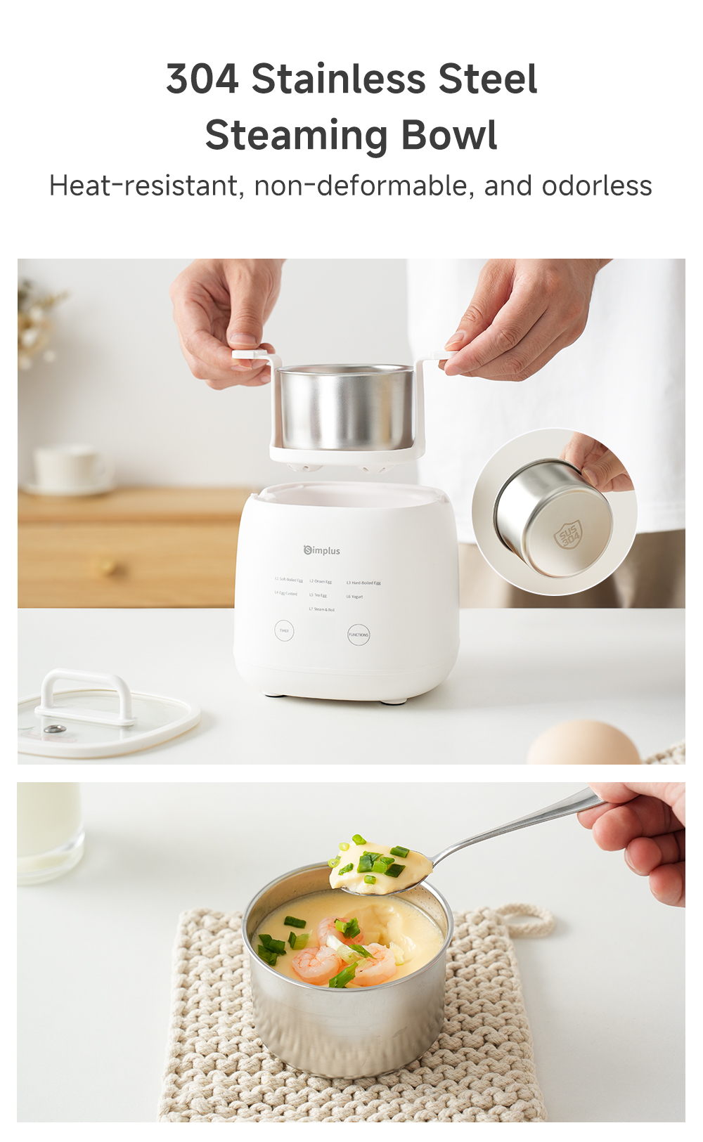 Simplus Multifunctional Egg Cooker |7 Modes | 24h Reservation | SUS304 Steaming Bowl | Steaming Egg Custard Yogu DZEG006