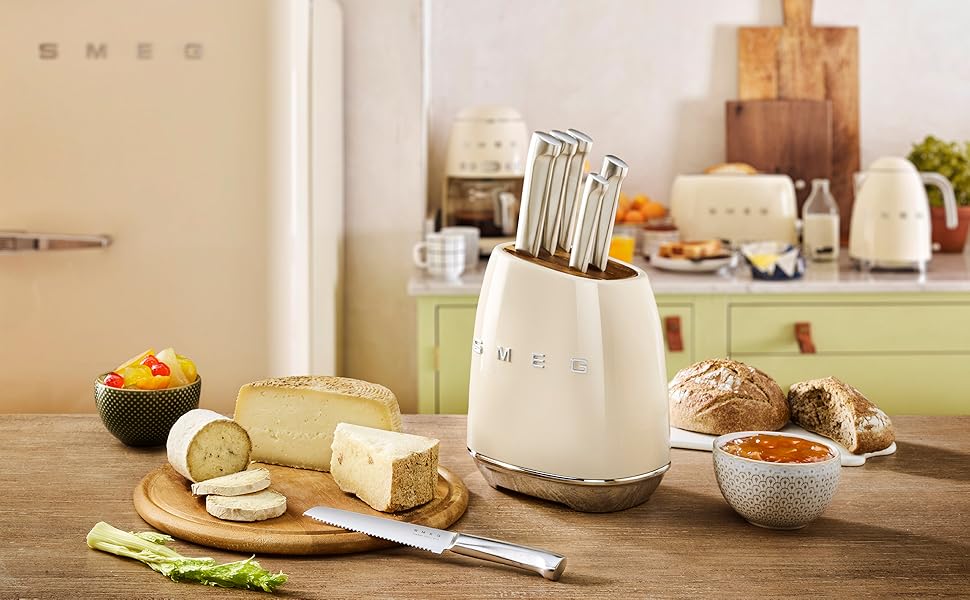 Smeg Cream Stainless Steel Knife Block Set